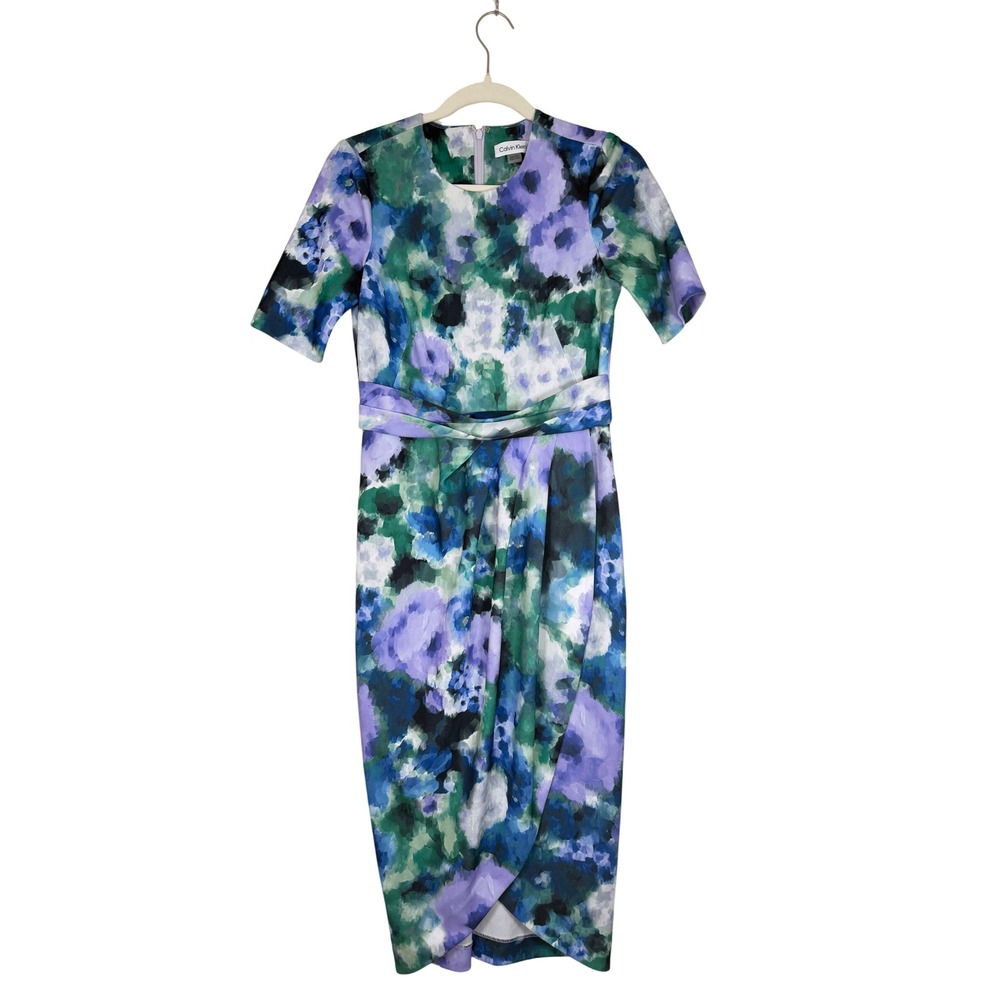 Calvin Klein Sheath Dress Women 2 NEW Floral Faux Wrap Tulip Hem MSRP $134